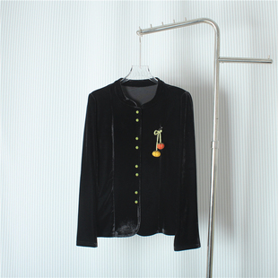 2025秋款新中式国风复古丝绒南瓜装饰外套女宽松气质修身长袖上衣