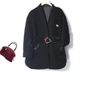 欧货冬季汉元素V领丝绒高端夹棉外套腰带一粒扣显瘦西服外套女