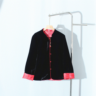 新中式双面穿立领金丝绒外套女秋冬红色提花宽松大码改良唐装上衣