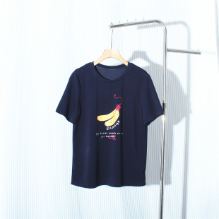 欧洲站2026夏新时尚 T恤弹力打底上衣女 圆领香蕉印花休闲圆领短袖
