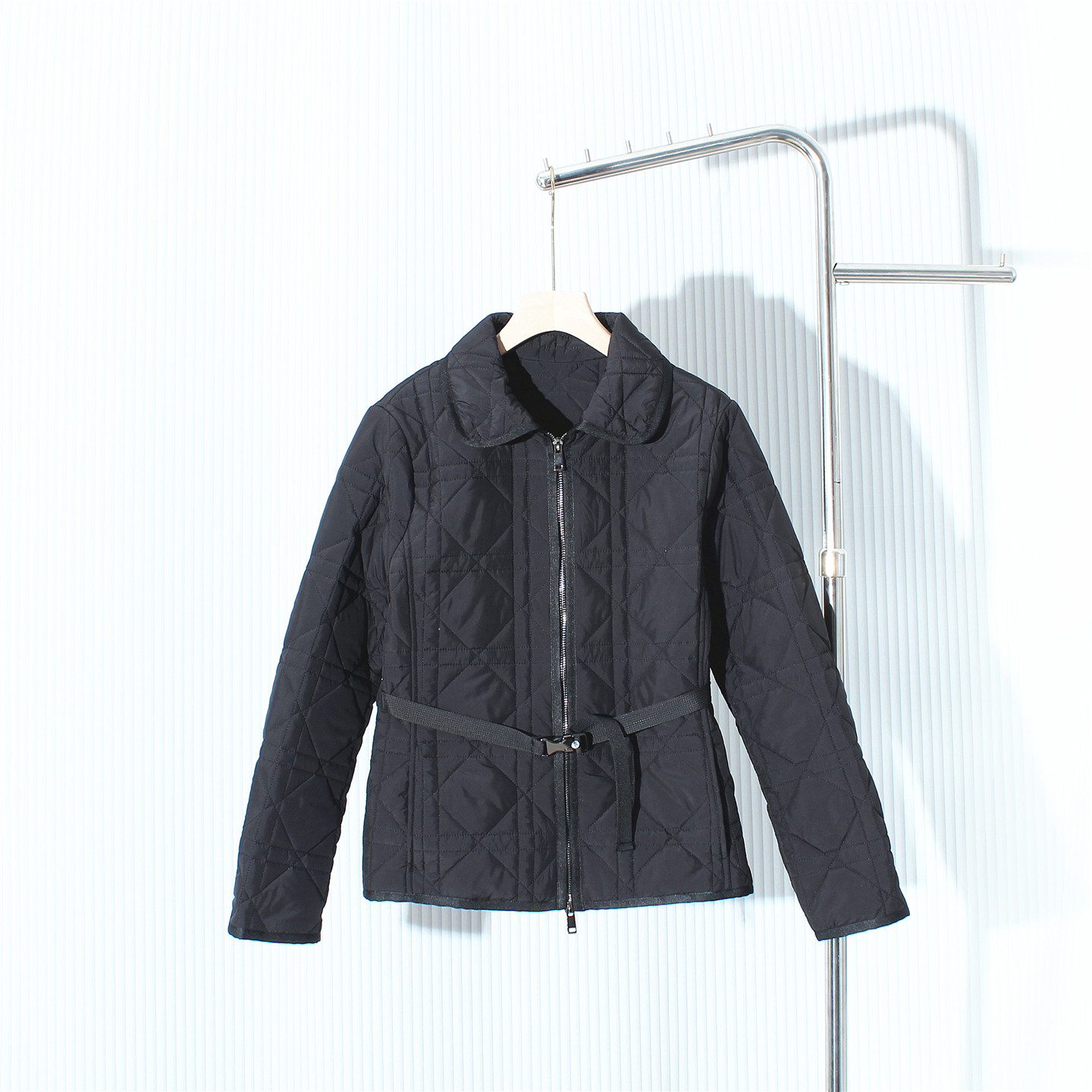 黑色小香风翻领菱格棉服外套女2025秋冬新高级感收腰气质夹棉上衣