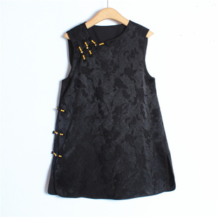 新中式 斜襟金线盘扣圆领提花改良旗袍背心马甲裙女2025早春新款