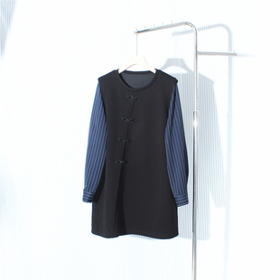 圆领条纹袖拼接假两件连衣裙2025秋冬中式洋气显瘦休闲黑色中长裙