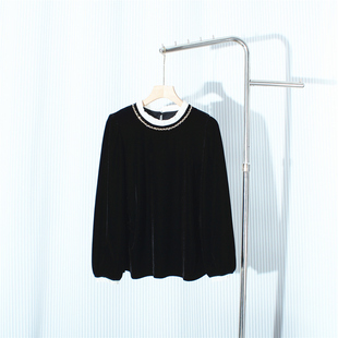 衬衫女2026春秋新款法式钉珠木耳边丝绒衬衫名媛保暖花边打底上衣