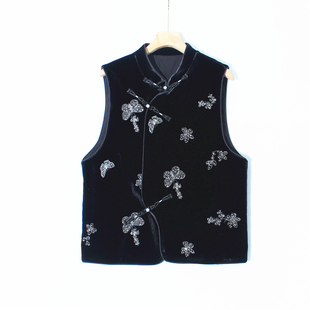 新中式轻国风春秋马甲背心女2025高级感黑色刺绣蝴蝶丝绒上衣马夹