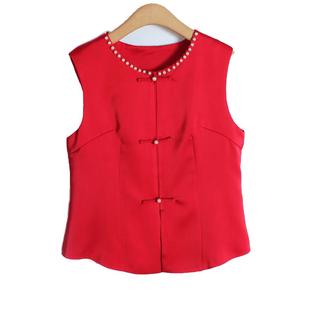 2025早春新款醋酸马甲背心女圆领珍珠名媛气质红色国风新中式上衣
