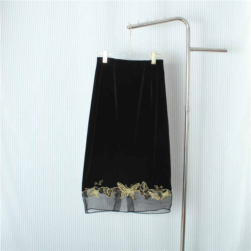 新中式重工刺绣丝绒刺绣欧根纱半身裙国风复古中要松紧气质a字裙