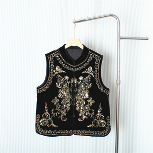 秋季 宽松显瘦上衣 名媛国风重工立领丝绒钉珠蝴蝶亮片马甲女新中式