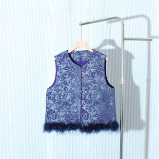 新中式紫色圆领鸵鸟毛气质马甲秋冬减龄提花上衣马甲女年轻款妈妈