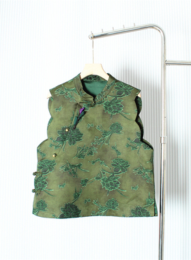 新中式国风提花绿色马甲背心女装2025秋季新款复古高级感斜襟上衣