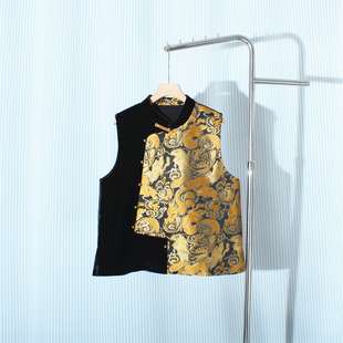 新中式国风丝绒拼接宋锦马甲女秋季新款高端黑色盘扣刺绣马夹上衣