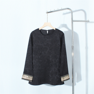 新中式人丝提花袖口织带长袖衬衫女2026春秋新款国风气质百搭上衣