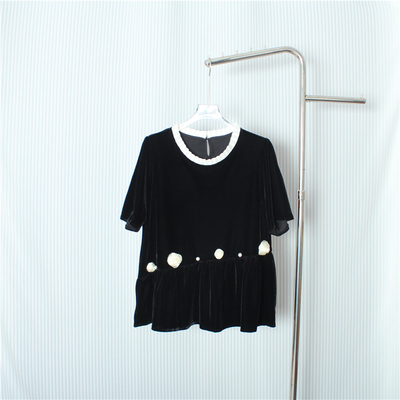 立体玫瑰花珍珠立领扎花丝绒衬衫