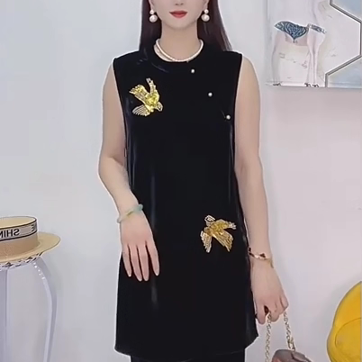 新中式马甲中长款国风斜襟马夹背心女外穿唐装真丝绒无袖坎肩上衣