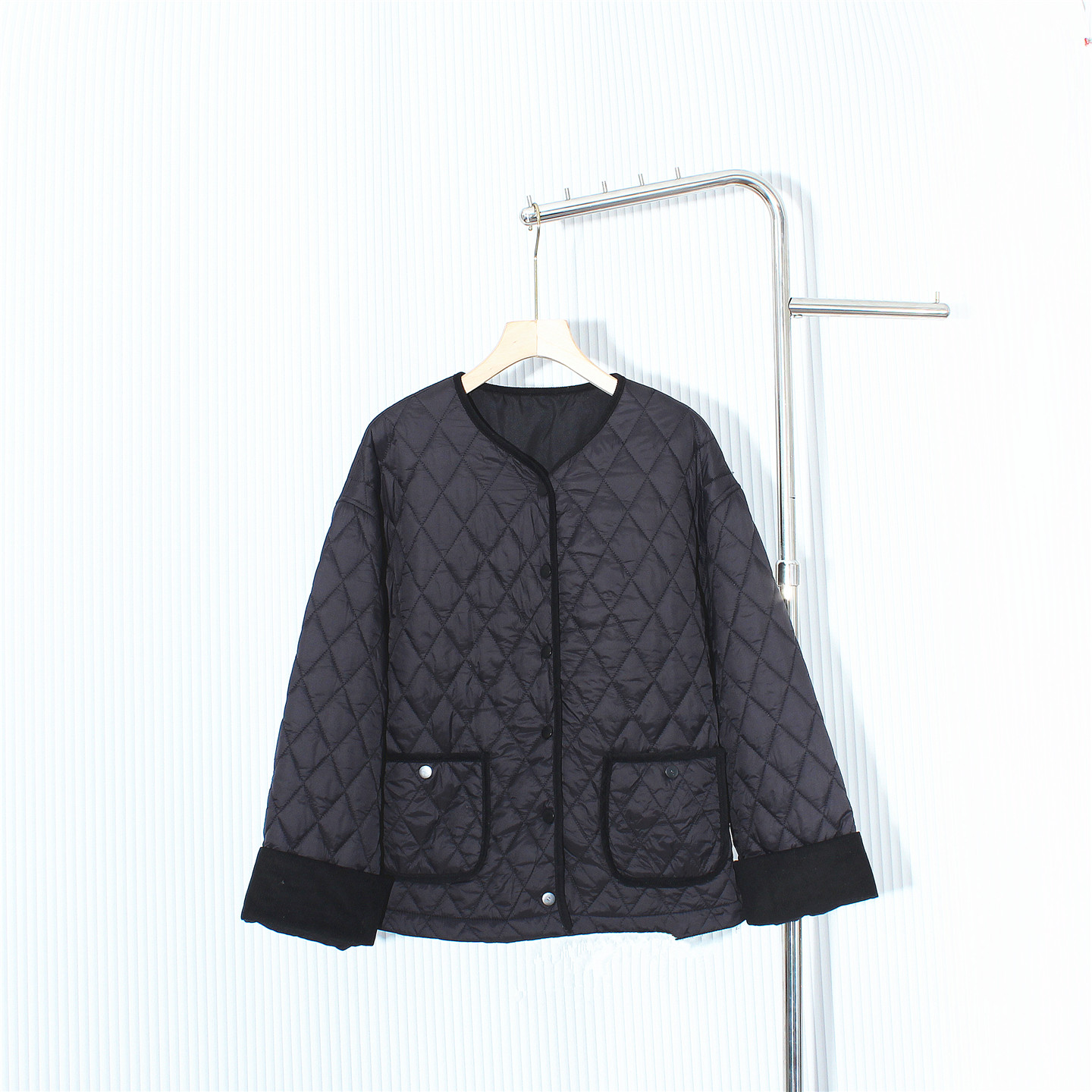 高端轻奢大码女装秋冬夹棉棉服高级感黑色菱格宽松圆领棉袄外套女