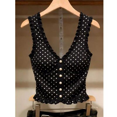 女带黑色无袖香风波点吊带背心