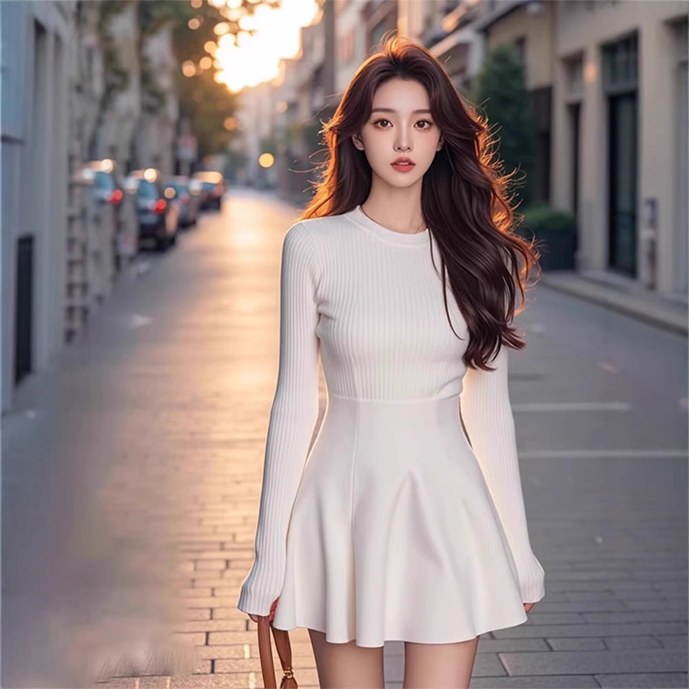 2026春文艺温柔风白色圆领长袖连衣裙女休闲气质简约收腰显瘦短裙