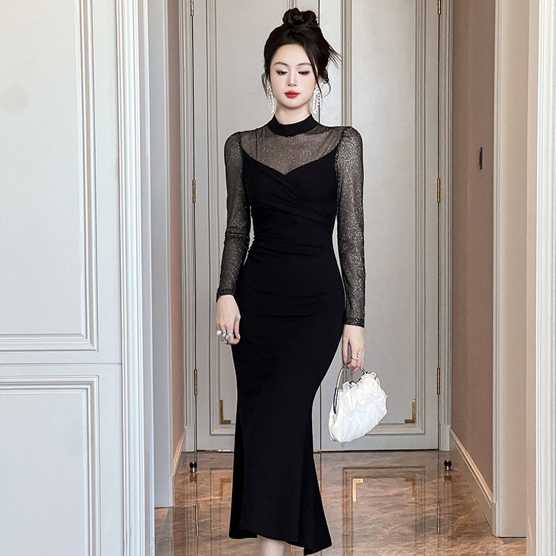 2025秋冬装新款女装性感纯欲风气质网纱拼接修身包臀连衣裙