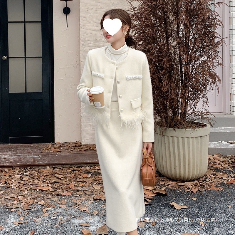 跨境小香风套装女秋冬2025新款鸵鸟毛富家千金羽绒服外套半身裙