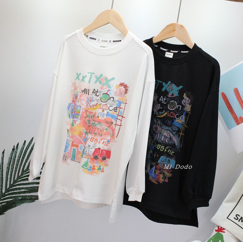 9-19童乐鱼童装男女童卫衣春新卡通涂鸦圆领百搭T恤中大童上衣潮