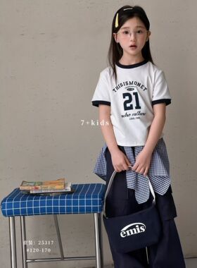 9-19码7+潮牌中大女童韩版童装夏季新休闲字母短袖+裤子套装+P帘