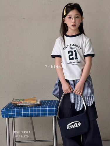 9-19码7+潮牌中大女童韩版童装夏季新休闲字母短袖+裤子套装+P帘