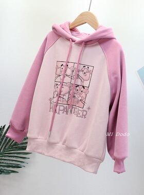 120码童乐鱼女童加绒连帽卫衣中儿童韩版粉红豹卡通宽松打底上衣