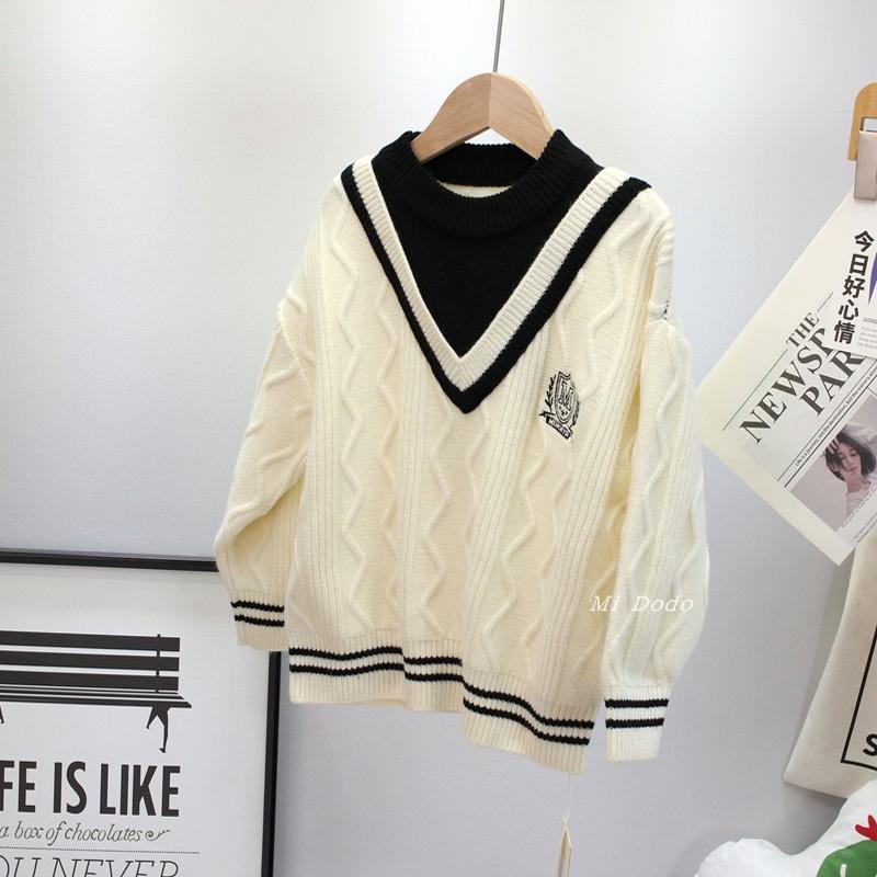 清120码 品牌童装男女童秋冬韩版假两件套头毛衣中大童针织衫上衣