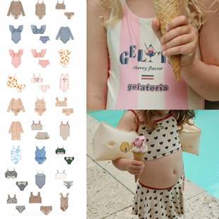 26夏ks ins款 儿童泳衣长袖 防晒女童连体泳衣中小童吊带分体度假装