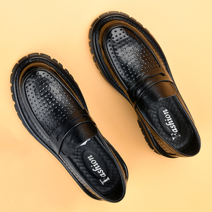 夏季镂空皮鞋男款一脚蹬休闲厚底乐福鞋男打孔男士皮凉鞋2026新款