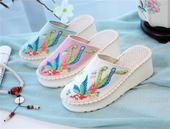 民族风圆头花朵包头坡跟松糕跟显瘦增高软底刺绣汉服女鞋 半包拖鞋