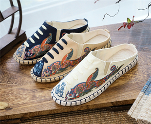 2024新款棉麻亚麻穿线手工原创设计师老北京布鞋半包包头拖鞋男士