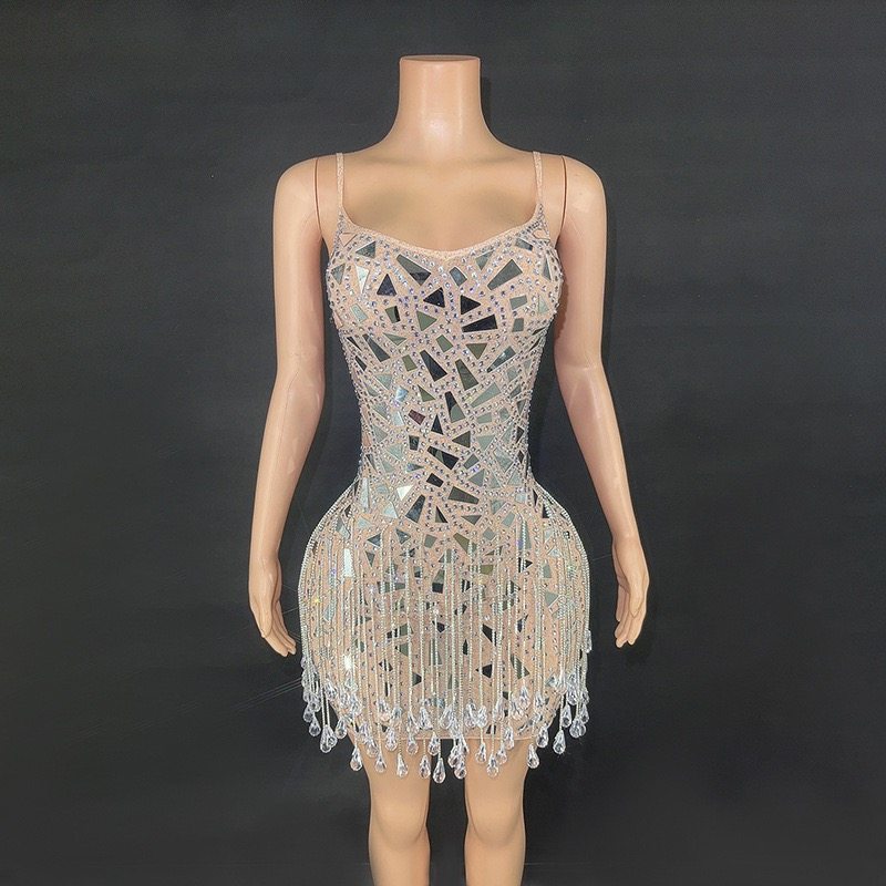 镜子连衣裙水晶吊坠镜面礼服镜片流苏短裙酒吧活动派对生日礼服