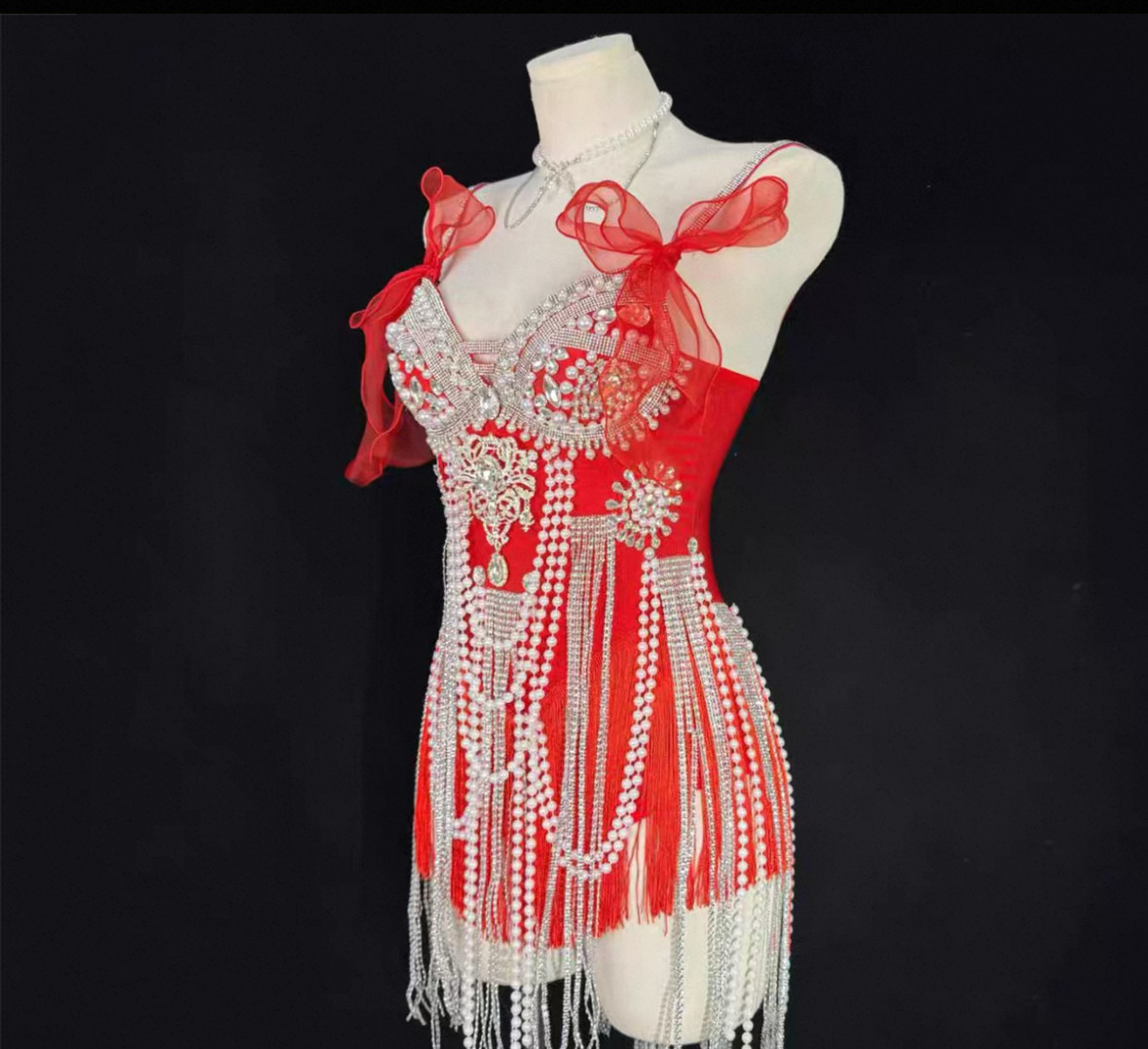 时尚珍珠水钻红色流苏吊带连体衣女团打歌拉丁舞啦啦操演出服