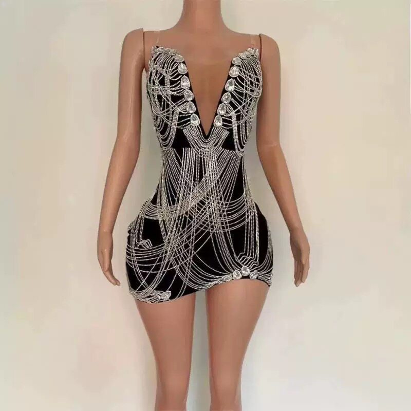 黑色钻石礼服不规则流苏设计性感修身派对生日舞会短裙连衣裙