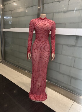 性感红色钻石新年礼服长袖礼服宴会年会婚礼晚宴女主持长礼服裙