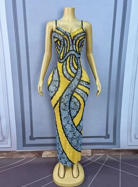 黄色钻石吊长裙黄蕾丝性感女神春日派对演出服女歌手印花晚礼服