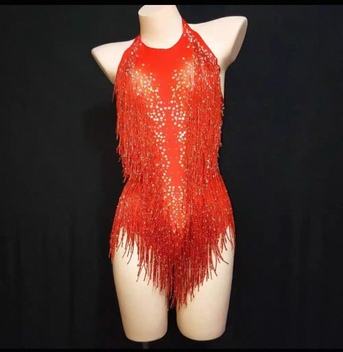 Tassel Rhinestone Stage Bodysuit Sexy Elastic Latin Dance Ju