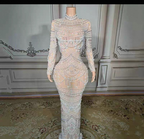 法式优雅珍珠钻性感裸色拖尾长裙生日高端礼服成人模特走秀服装女