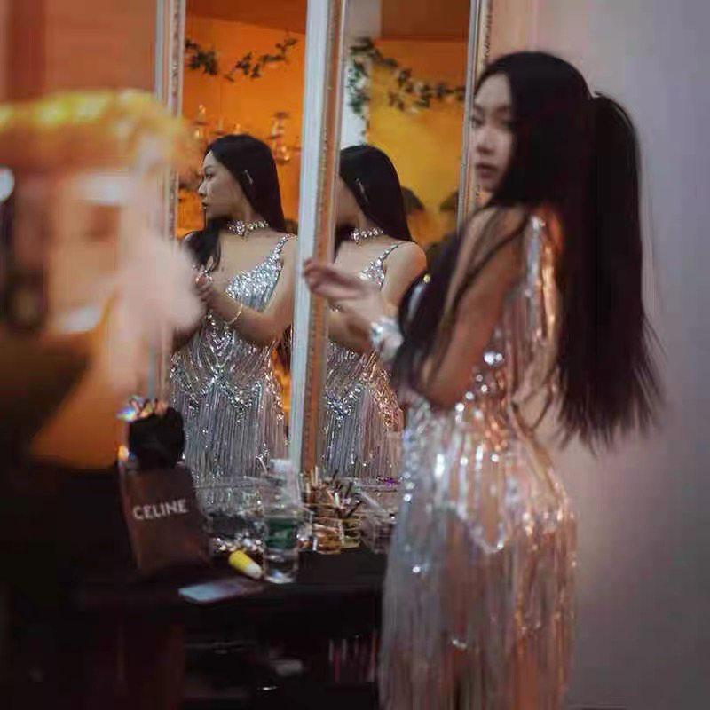 演出服欧美时尚性感粘钻抹胸水钻链条收腰短裙套装酒吧夜店礼服