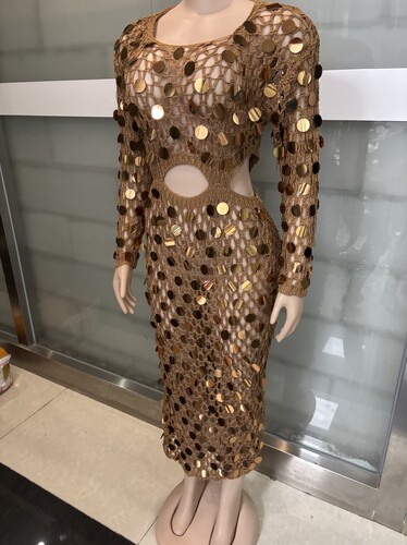 卡其色镂空亮片性感夜店酒吧夜场女歌手DJ舞台表演服夜场女演出服