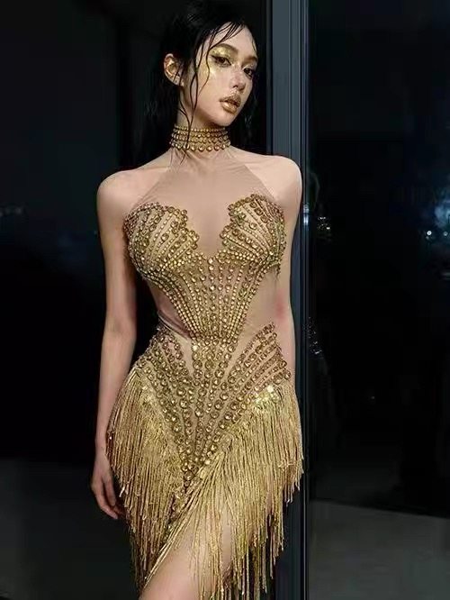 性感演出服夜店酒吧女团舞队性感透视网纱烫钻流苏连衣裙扇贝