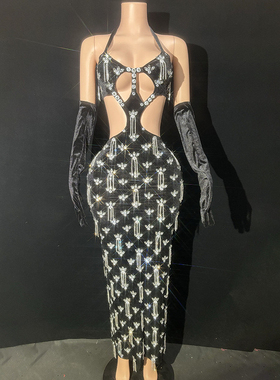 演出服黑色镂空钻石晚礼服性感晚礼服丝绒舞台装明星红毯走秀