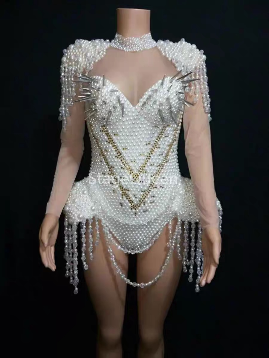 Nightclub Sexy Stage White Pearls Leotard Women's Dance Wear