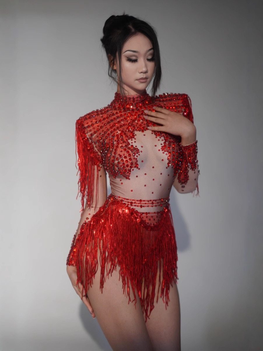 2025新款爆款闪亮流苏拉丁舞裙肉色紧身显瘦气质性感超短连体裤