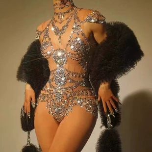 设计感重工烫钻网纱连体衣体操钢管拉丁舞蹈服夜店酒吧演出服