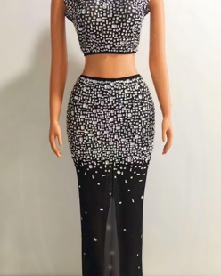 女歌手明星超闪亮黑色两件套水钻弹力长裙晚礼服舞台演出服