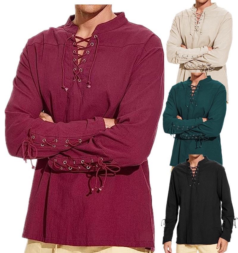 复古中世纪维京海盗男装衬衫T恤长袖衬衣cosplay打底系带蒸汽朋克