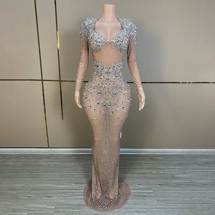 车模走秀圆领垫肩长袖性感修身银色满钻水钻连衣裙优雅闪亮晚礼服