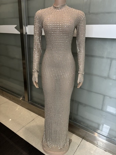 性感透视满钻长款连衣裙多色夜店酒吧女歌手DJDSgogo演出服舞台装